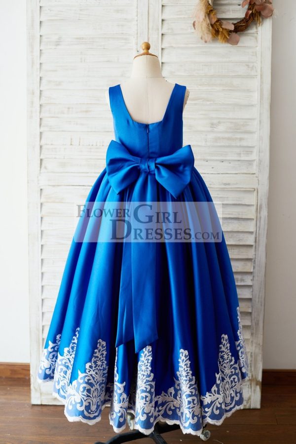Royal Blue Satin Square Neck Wedding Party Flower Girl Dress, Lace Trim - Image 2