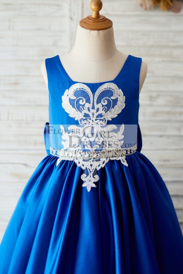 Royal Blue Satin Square Neck Wedding Party Flower Girl Dress, Lace Trim - Image 3
