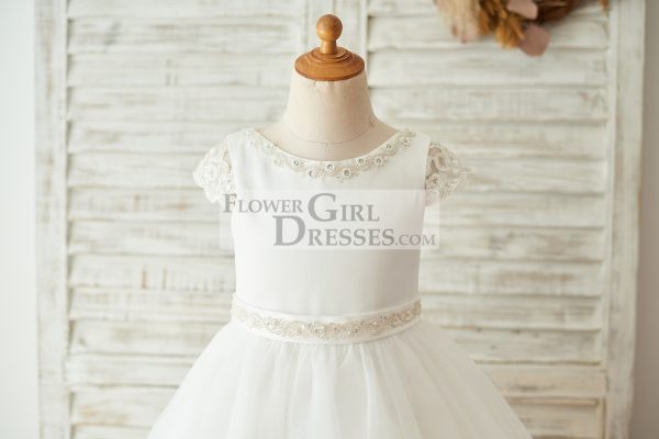 Ivory Satin Tulle Beaded Cap Sleeves Sheer Back Wedding Flower Girl Dress - Image 3