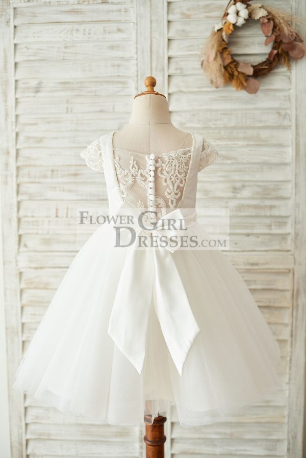 Ivory Satin Tulle Beaded Cap Sleeves Sheer Back Wedding Flower Girl Dress - Image 2