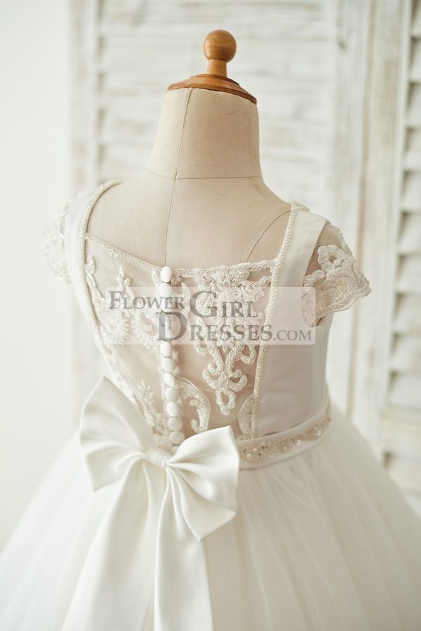 Ivory Satin Tulle Beaded Cap Sleeves Sheer Back Wedding Flower Girl Dress - Image 4