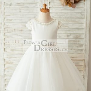 Ivory Satin Tulle Beaded Cap Sleeves Sheer Back Wedding Flower Girl Dress