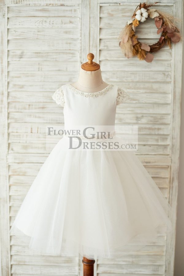 Ivory Satin Tulle Beaded Cap Sleeves Sheer Back Wedding Flower Girl Dress