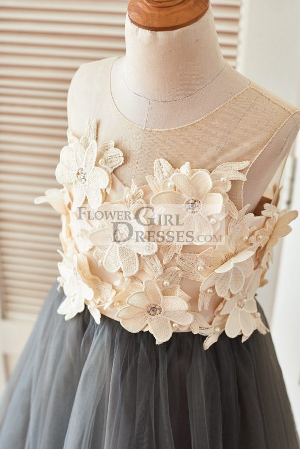 Sheer Illusion Neck Gray Tulle Wedding Flower Girl Dress, 3D Flowers - Image 3