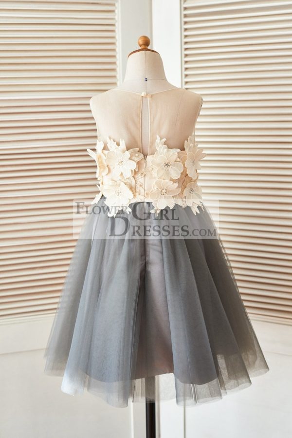 Sheer Illusion Neck Gray Tulle Wedding Flower Girl Dress, 3D Flowers - Image 2