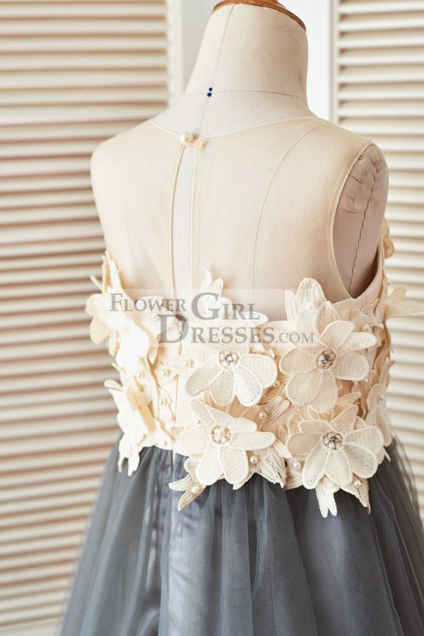 Sheer Illusion Neck Gray Tulle Wedding Flower Girl Dress, 3D Flowers - Image 4