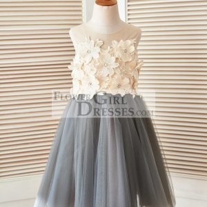 Sheer Illusion Neck Gray Tulle Wedding Flower Girl Dress, 3D Flowers