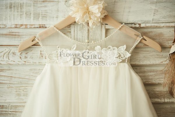 Sheer Neck ChampagneTulle Lace Wedding Flower Girl Dress, Pearls - Image 3