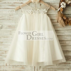 Sheer Neck ChampagneTulle Lace Wedding Flower Girl Dress, Pearls