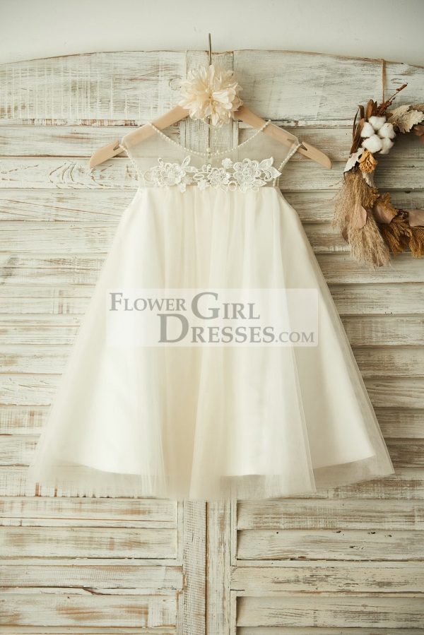 Sheer Neck ChampagneTulle Lace Wedding Flower Girl Dress, Pearls