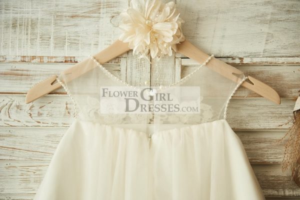 Sheer Neck ChampagneTulle Lace Wedding Flower Girl Dress, Pearls - Image 4