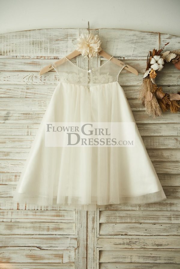 Sheer Neck ChampagneTulle Lace Wedding Flower Girl Dress, Pearls - Image 2
