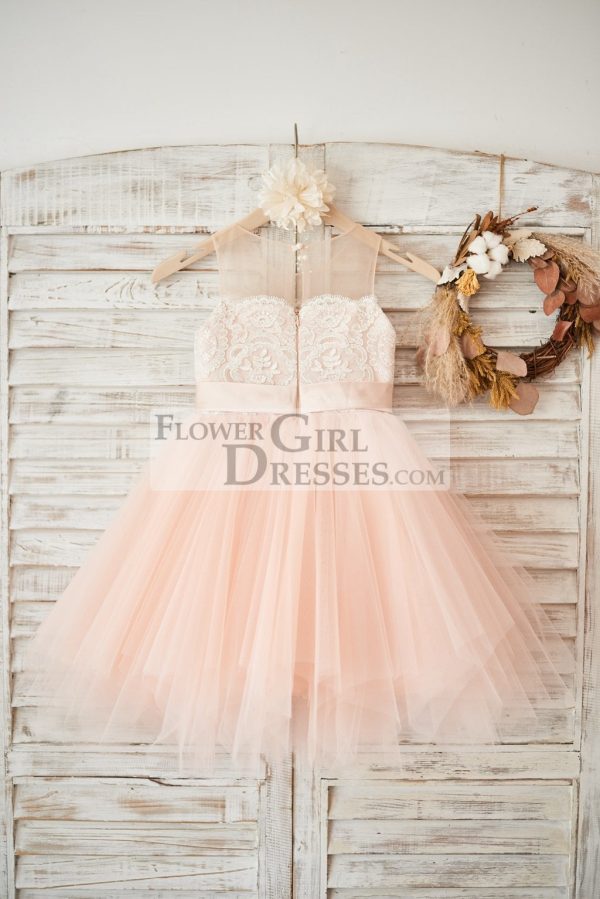 Sheer Neck Peach Tulle Ivory Lace Wedding Flower Girl Dress, Beaded Sash - Image 2