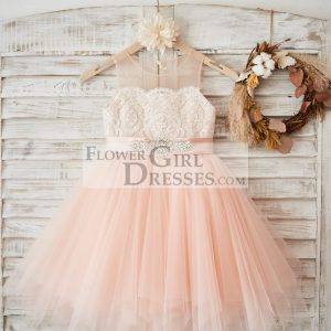 Sheer Neck Peach Tulle Ivory Lace Wedding Flower Girl Dress, Beaded Sash