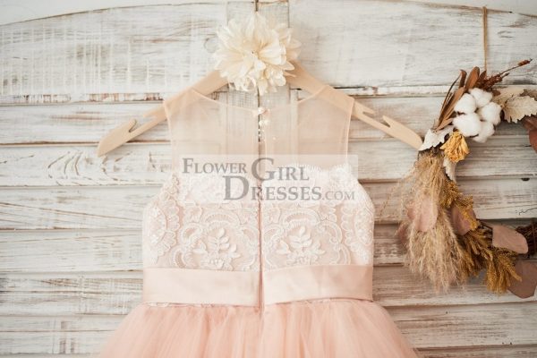 Sheer Neck Peach Tulle Ivory Lace Wedding Flower Girl Dress, Beaded Sash - Image 4