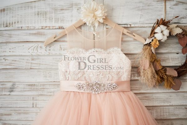 Sheer Neck Peach Tulle Ivory Lace Wedding Flower Girl Dress, Beaded Sash - Image 3