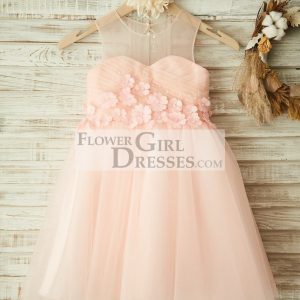 Sheer Neck Pink Tulle Wedding Flower Girl Dress, Beading / 3D Flower