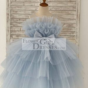 Princess Sheer Neck Pleated Dusty Blue Tulle Wedding Flower Girl Dress