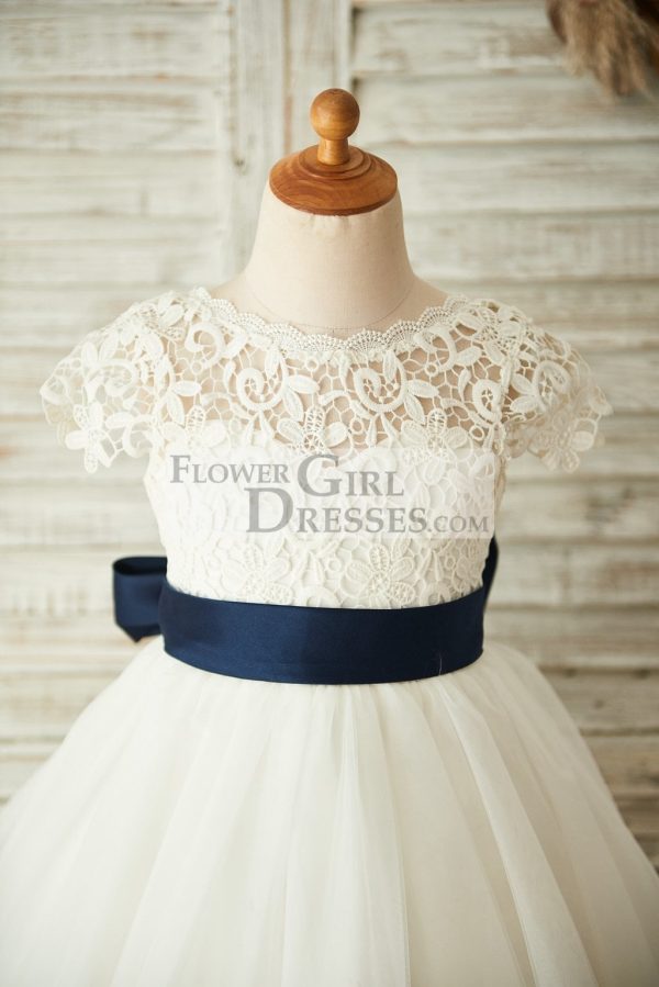 Short Sleeves V Back Lace Tulle Wedding Flower Girl Dress, Navy Belt - Image 3