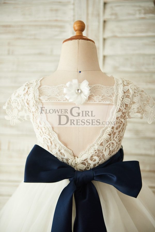 Short Sleeves V Back Lace Tulle Wedding Flower Girl Dress, Navy Belt - Image 4