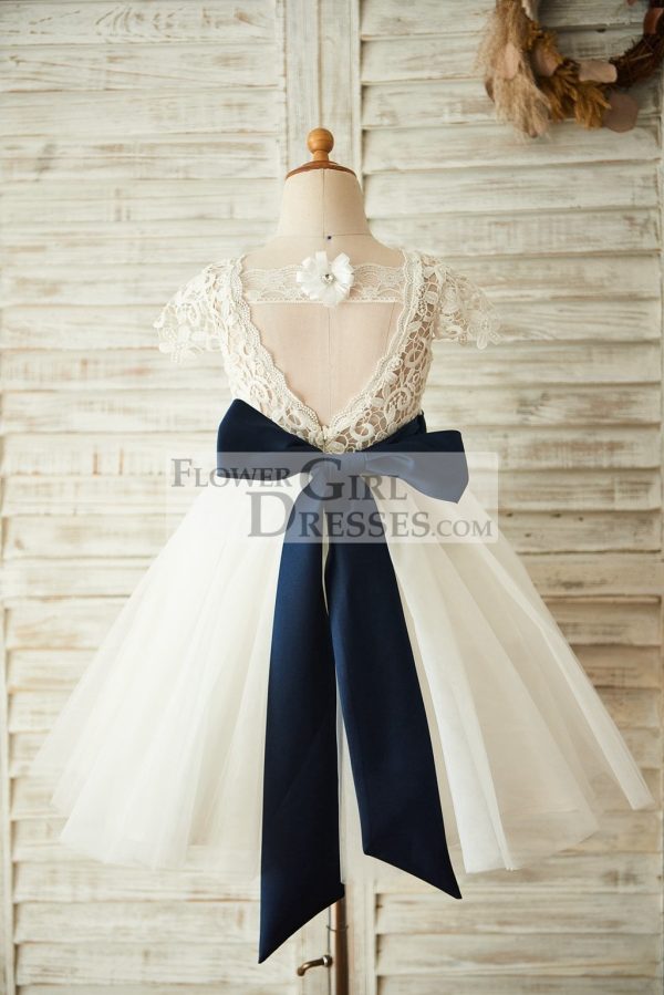 Short Sleeves V Back Lace Tulle Wedding Flower Girl Dress, Navy Belt - Image 2