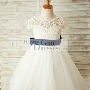 Short Sleeves V Back Lace Tulle Wedding Flower Girl Dress, Navy Belt