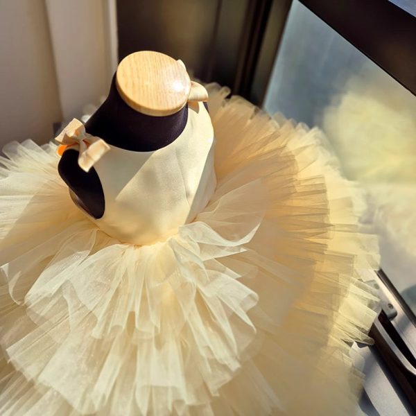 TUTU Ball Gown Yellow Satin Tulle Sleeveless Kids Party Wedding Flower Girl Dress, Bows - Image 5
