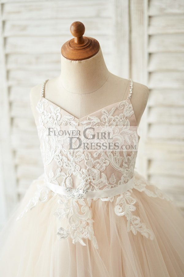 Spaghetti Straps Ivory Lace Peach Tulle V Neck Wedding Flower Girl Dress - Image 3