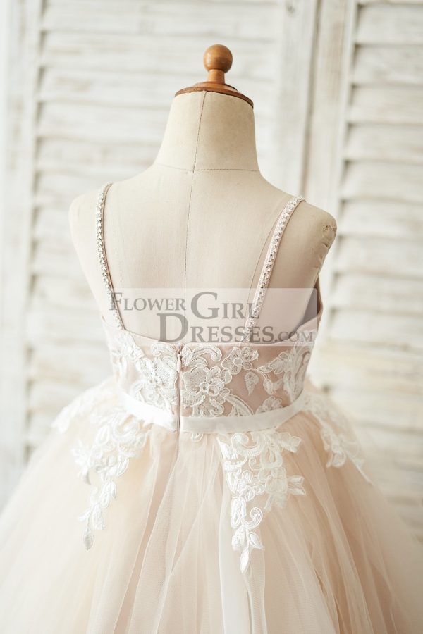 Spaghetti Straps Ivory Lace Peach Tulle V Neck Wedding Flower Girl Dress - Image 4