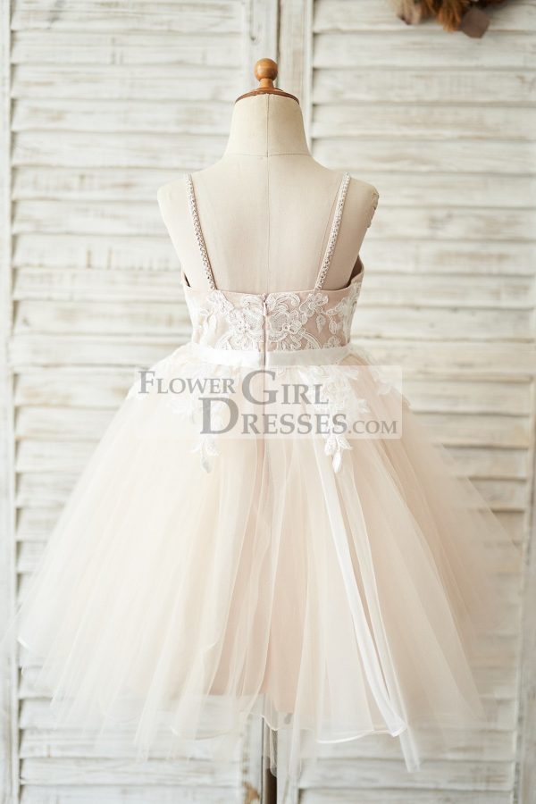 Spaghetti Straps Ivory Lace Peach Tulle V Neck Wedding Flower Girl Dress - Image 2