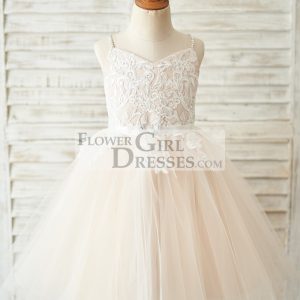 Spaghetti Straps Ivory Lace Peach Tulle V Neck Wedding Flower Girl Dress