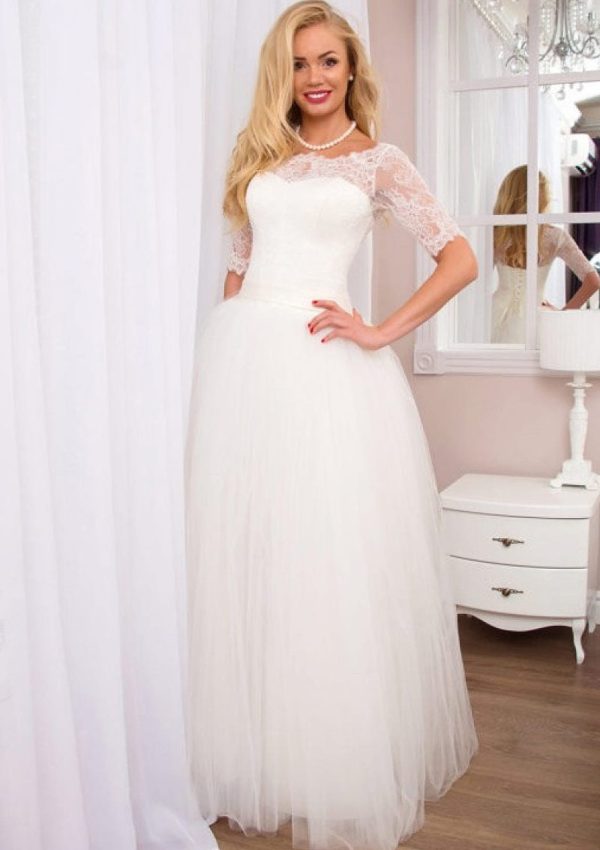 Tulle Wedding Dress Half Sleeve Bateau Keyhole Back, Lace - Image 2