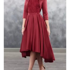 Two Piece Hi Low Scoop Neck Satin Mother of Bride Dress, 3/4 Sleeve Coat