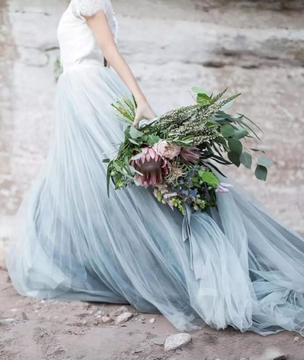 Two Piece Ivory Lace Dusty Blue Tulle Short Sleeves Wedding Party Dress - Image 3