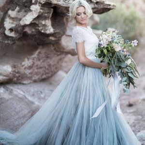 Two Piece Ivory Lace Dusty Blue Tulle Short Sleeves Wedding Party Dress