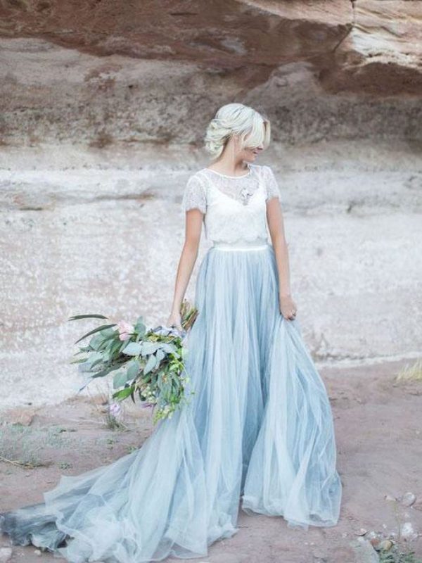 Two Piece Ivory Lace Dusty Blue Tulle Short Sleeves Wedding Party Dress - Image 4