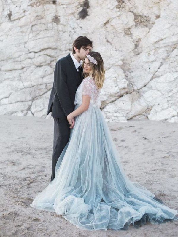 Two Piece Ivory Lace Dusty Blue Tulle Short Sleeves Wedding Party Dress - Image 2