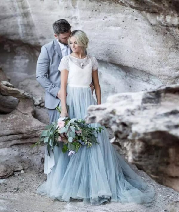Two Piece Ivory Lace Dusty Blue Tulle Short Sleeves Wedding Party Dress - Image 5