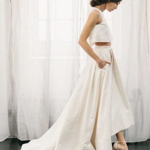 Two Piece Ivory Satin Open Back Wedding Dress, Sweep Train