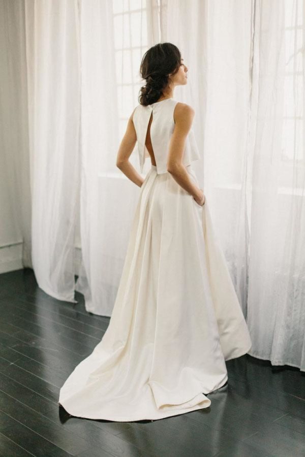 Two Piece Ivory Satin Open Back Wedding Dress, Sweep Train - Image 3