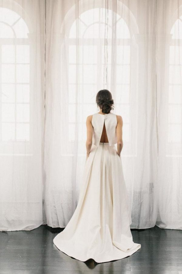 Two Piece Ivory Satin Open Back Wedding Dress, Sweep Train - Image 2