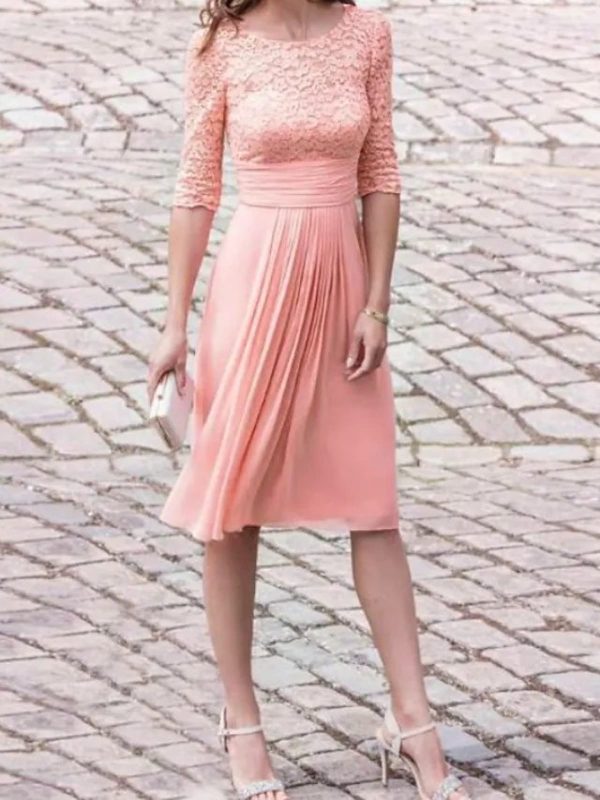 Two Piece Lace Chiffon Knee Length Pleats Mother of Bride Dress, Wrap - Image 2