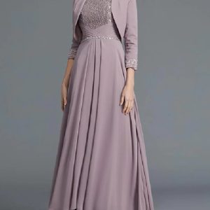 Two Piece A-Line Bateau Neck Lace Chiffon Ankle Length Mother of Bride Dress