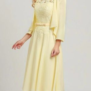 Two Piece A-line Scoop Neck Midi Chiffon Sleeveless Mother of Bride Dress, Wrap