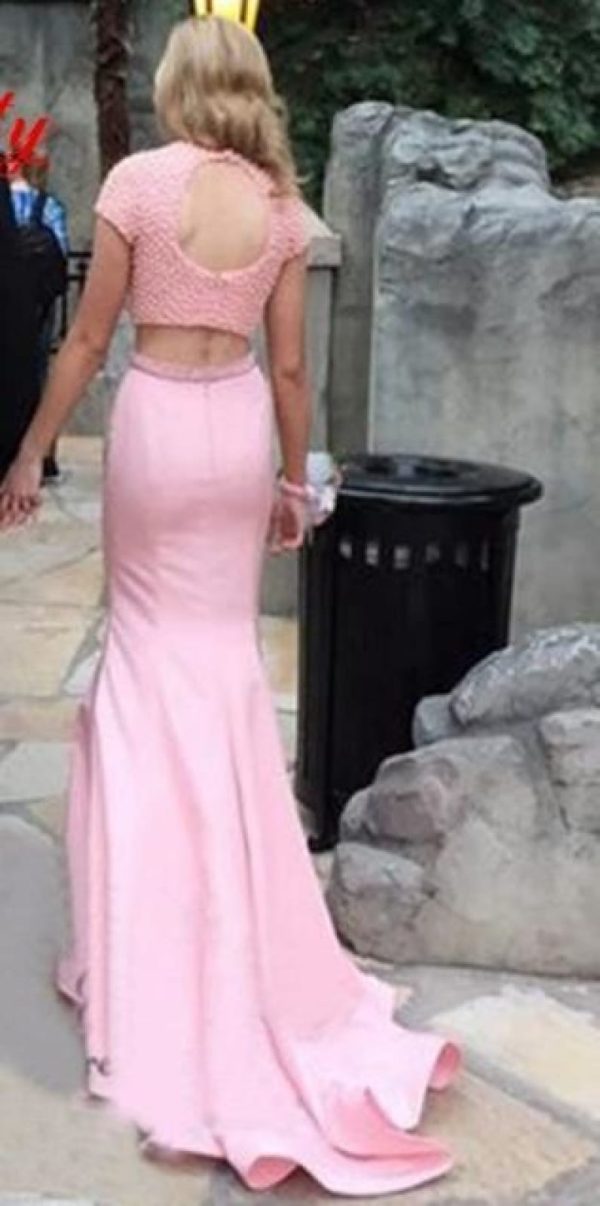 Two Piece Pink Satin Pearl Top Short Sleeves Wedding Prom Evening Party Dress - Image 2