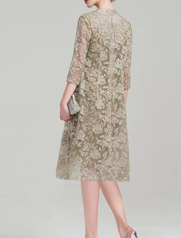 Two Piece Sheath Jewel Neck Lace Satin Mother of Bride Dress, Embroidery - Image 2
