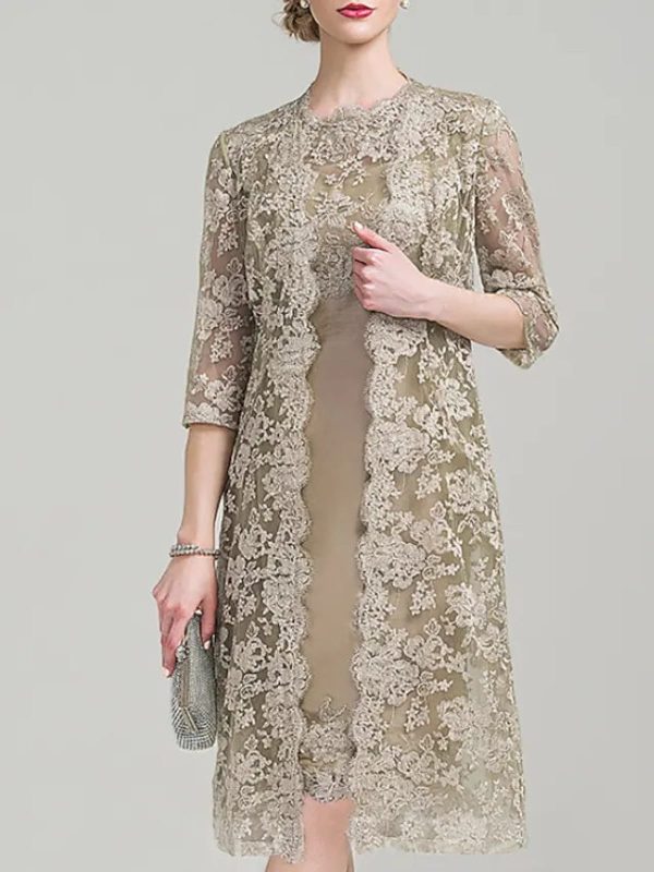 Two Piece Sheath Jewel Neck Lace Satin Mother of Bride Dress, Embroidery - Image 3