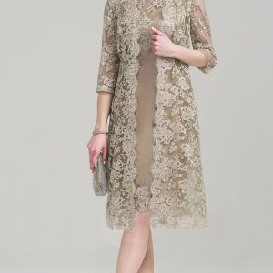 Two Piece Sheath Jewel Neck Lace Satin Mother of Bride Dress, Embroidery