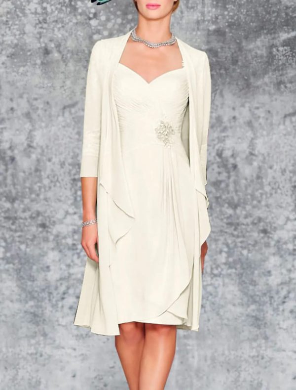 Two Piece Sheath Sweetheart Knee Length Chiffon Mother of Bride Dress, Lace Embroidery - Image 5