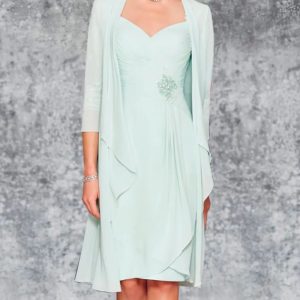Two Piece Sheath Sweetheart Knee Length Chiffon Mother of Bride Dress, Lace Embroidery
